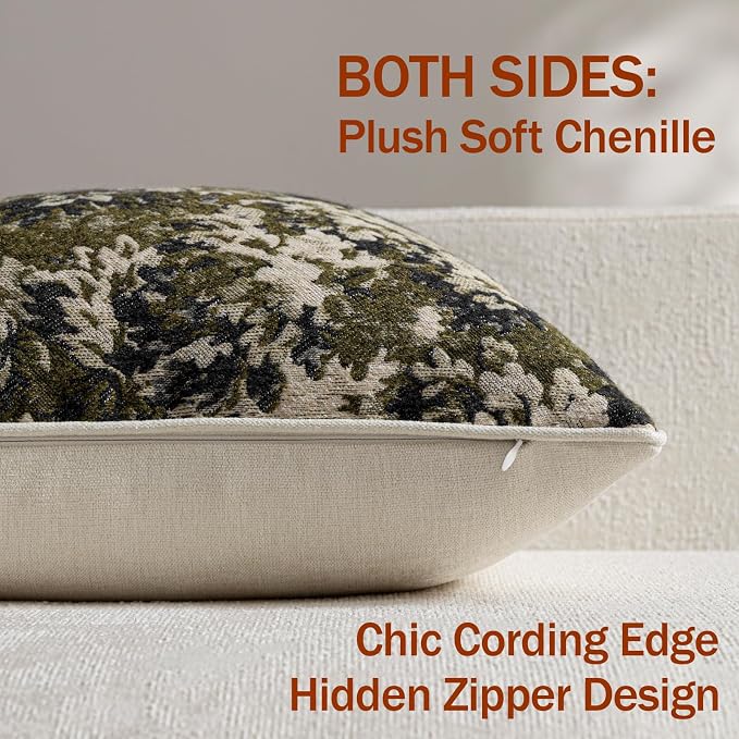 Pack of 2 Vintage Floral Throw Pillow Covers 16x16 Boho Farmhouse Accents Chenille Square Decorative Pillow Cases for Living Room Couch Bed Home Decor, Olive Green