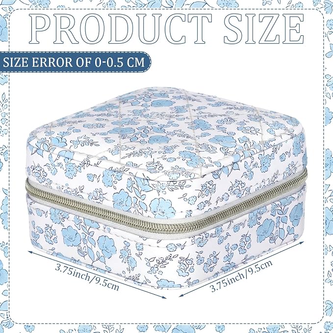 Blue Floral Travel Jewelry Case Quilted Small Jewelry Organizers and Storage Box Gifts with Mirror for Women Girls to Organize Rings, Necklaces Earrings Bracelet Little Accessories Holder