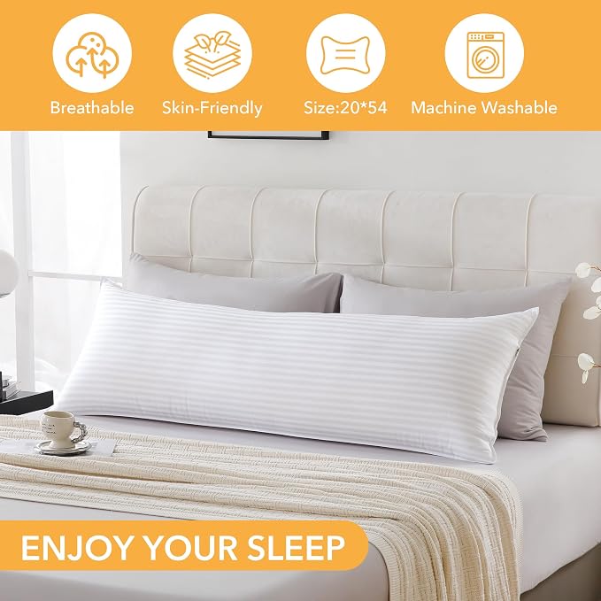 Oubonun Premium Striped Body Pillow | Breathable Cooling Cotton Cover, Soft and Fluffy 3D Down Alternative Microfiber Filled, Long Bed Pillow for Side Sleepers