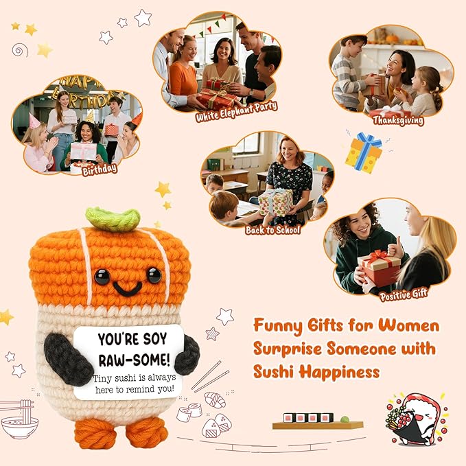 Mini Inspirational Gifts-Handmade Emotional Positive Crochet Sushi for Women, Men, Friend, Coworker- Encouragement, Cheer Up, Stress Relief, Birthday, Christmas Stocking Stuffe, White Elephant Ideas