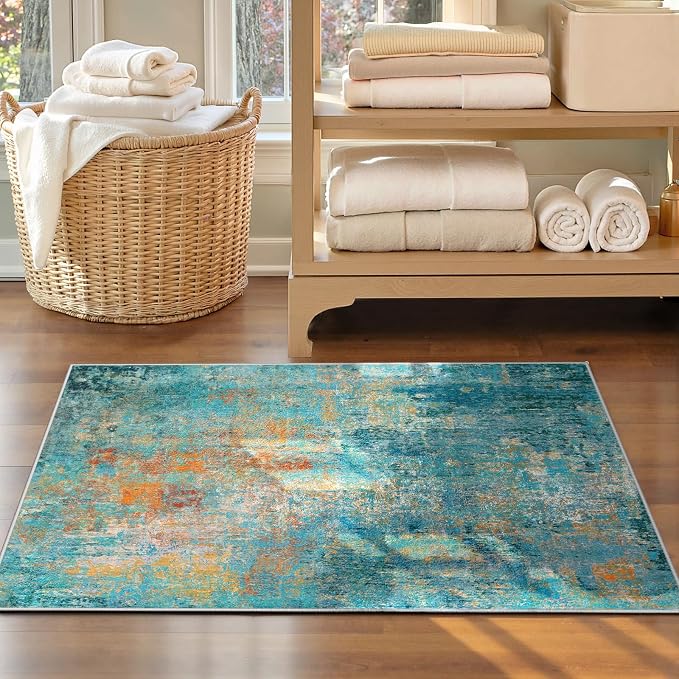 RELEANY Washable 3'x5' Abstract Area Rug for Living Room Teal Multi | carpet for bedroom, kitchen, office, hallway and entryway, printed pattern, non-slip, soft, stain-resistant, easy to clean