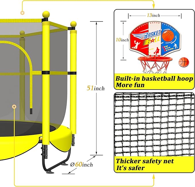 VGMiu 60" Trampoline for Kids, 5 FT Indoor & Outdoor Toddler Baby Trampoline with Basketball Hoop, Safety Enclosure, Birthday Gifts for Kids, Gifts for Boy and Girl, Age 3-8