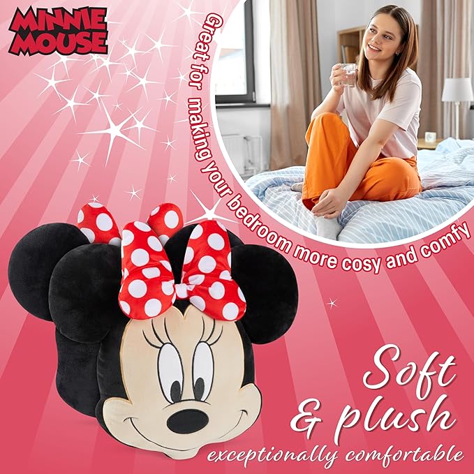 Disney Stitch 3D Plush Cushions for Bed Travel, Cute Cuddle Pillow Stuffed Character Pillow, Bedroom Accessories, Room Decor, Gifts for Kids (Black Minnie, L14.56 x W13.77)