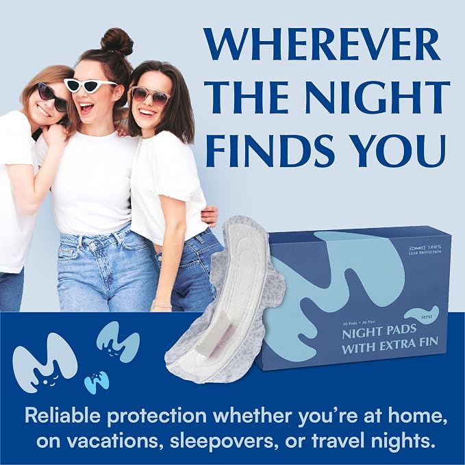 Overnight Pads with Wings – Size 3 (Mini Pad) – Ultimate Leak-Free Protection with Absorbent FIN Technology – 30 Sanitary Napkins with pH-Balanced Wipes – Sanitary Pads for Women & Teens