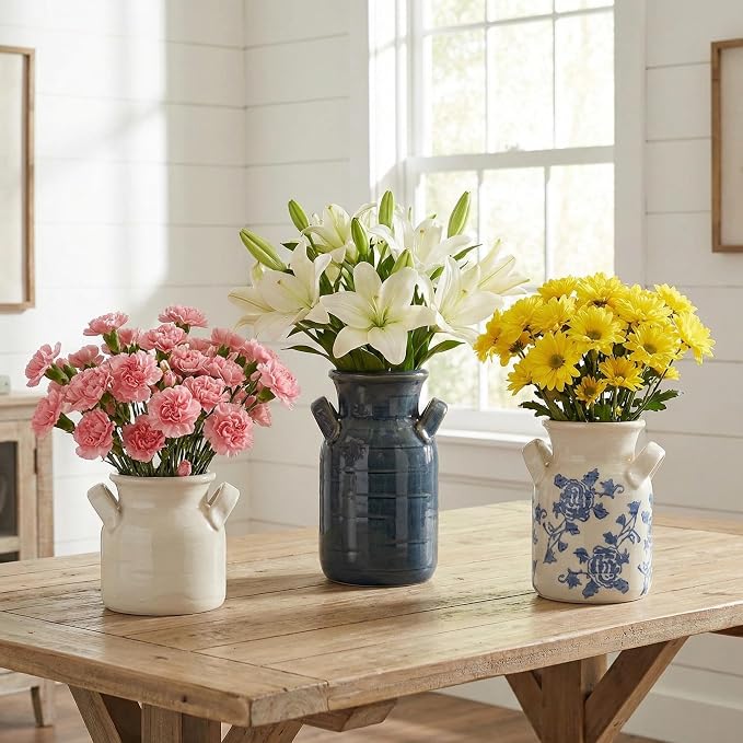 Ceramic Vase Set of 3 with Two Handles, Blue White Neutral Rustic Modern Farmhouse Boho Decor, Versatile as Table Centerpiece or Mantel & Shelf Accent - Unique Home Gift Idea