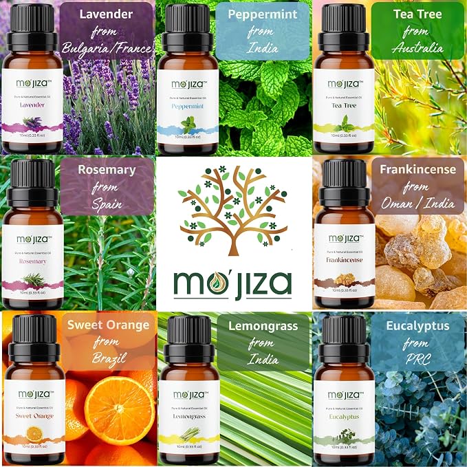 MO'JIZA Pure Aromatherapy Essential Oils Gift Set, 8 Oils-Lavender, Tea Tree, Peppermint, Frankincense, Rosemary, Sweet Orange, Lemongrass, Eucalyptus, 10ml Each Certified Kosher, Vegan & Cruelty Free
