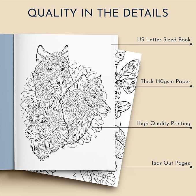 Animal Coloring Book for Adults with 31 Stunning Illustrations of Animals and Nature – Mindfulness Coloring Book for Adults Relaxation – Stress Relief Gifts for Women & Men, Tear-Out Pages