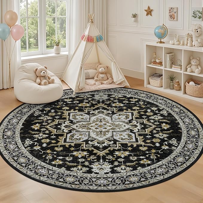 Round Area Rug for Living Room: 8 ft Washable Vintage Boho Soft Thin Circle Rug Indoor Floor No Slip Stain Resistant Carpet for Bedroom Dining Room Farmhouse Nursery Home Office -Black Gold
