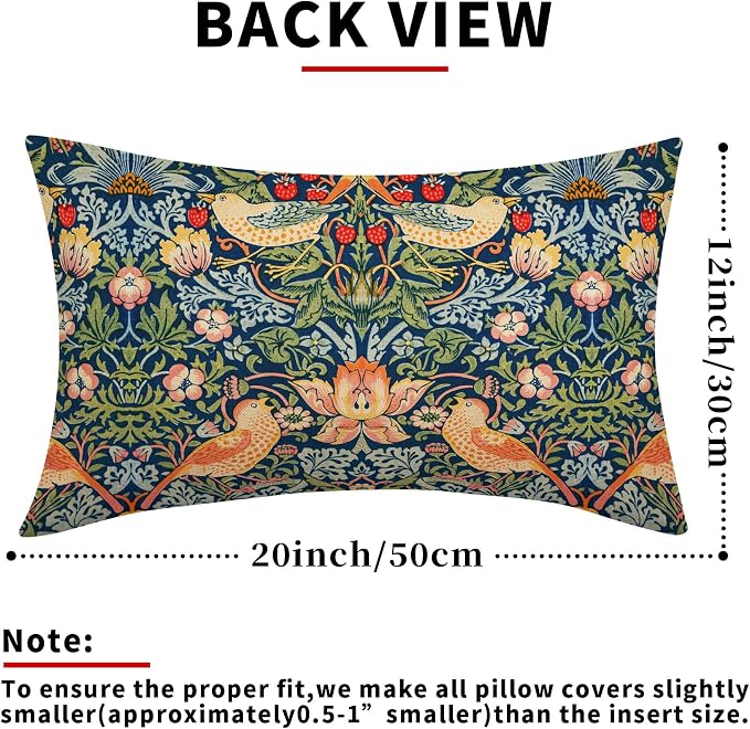 Chinoiserie Blue Sage Green Pimpernel Lumbar Pillow Covers 12X20 in Set of 2 Strawberry Floral Bird Colorful Pillow Cases Vintage Art Flower Pillow Modern Home Decor for Couch Patio Porch