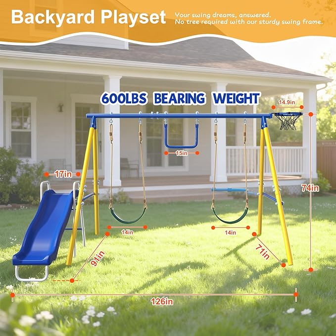 Heavy-Duty 5-in-1 Metal Swing Set for Backyard, Outdoor Playset for Kids 3-12 with Slide, 2 Swings, Basketball Hoop & Gymnastic Rings, Easy Assembly