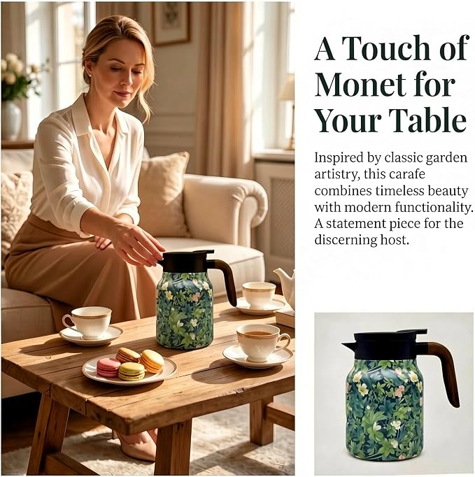 Insulated Stainless Steel Teapot, 35 Oz Vintage Floral Design with Removable Tea Infuser, 12Hr Hot & Cold Retention for Home Kitchen(Retro Floral Green)