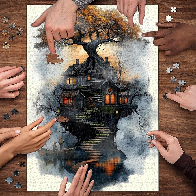 Fantasy Treehouse Puzzles for Adults 1000 Pieces, Nature Tree Art Jigsaw Puzzle with Forest Cottage, Sunset Sky, Dreamy Lake Aesthetic Puzzle, Hard Challenging Puzzle for Adults
