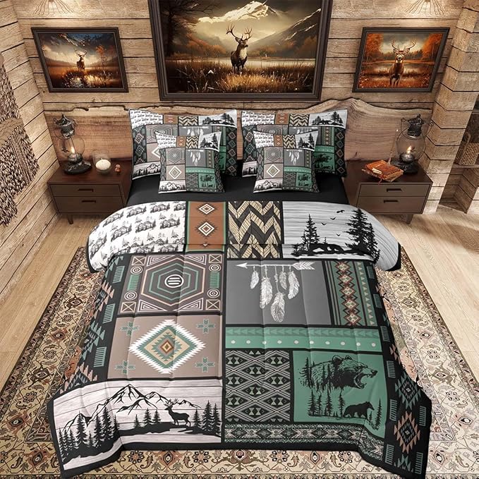 Feelyou Rustic Bear King Comforter Set with Sheets for Kids Boys Girls Retro Bohemian 7 Pieces Bedding Set Farmhouse Cabin Hunting Deer Bed in a Bag Buffalo Plaid Room Decor Soft Microfiber