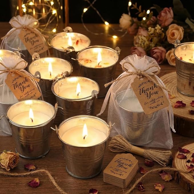 Lounsweer 36 Set Citronella Scented Candles Gifts Bulk with Mini 1.8 oz Metal Buckets Aromatherapy Candles Thank You Cards Hemp Rope White Organza Bags for Bridal Wedding Baby Shower Party Favor Guest