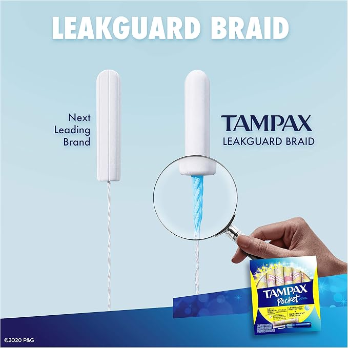 Tampax Pocket Pearl Tampons Regular Absorbency with LeakGuard Braid, Unscented, 16 Count (Pack of 2)