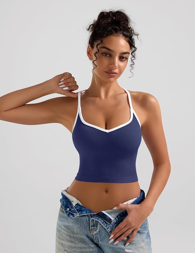 OLCHEE Womens 3PK Crop Tank Tops Seamless Ribbed Sweetheart Neck Racerback Spaghetti Straps Contrast Trim Workout Yoga Cami