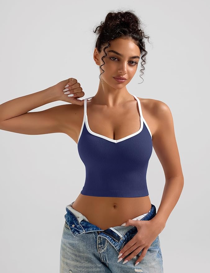 OLCHEE Womens 3PK Crop Tank Tops Seamless Ribbed Sweetheart Neck Racerback Spaghetti Straps Contrast Trim Workout Yoga Cami