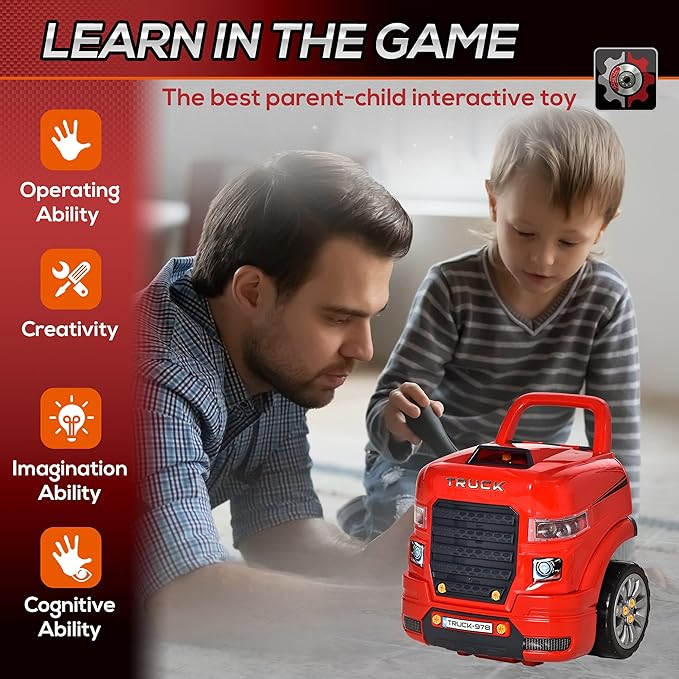 Qaba Truck Engine Toy, Kids Mechanic Set with Lights, Sounds, Steering Wheel and Horn, Pretend Car Service Station Play with 61-Piece Included, Toy Engine Building Kit for Kids Aged 3+, Red