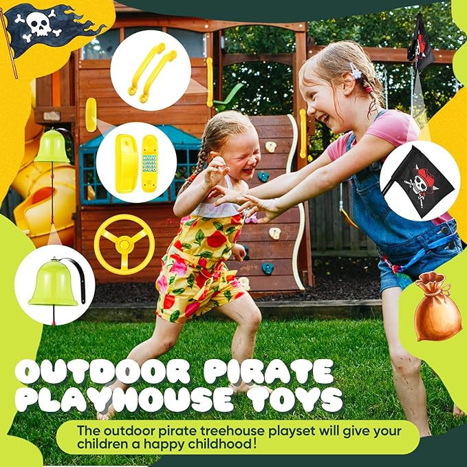 Foilswirl Swing Set Accessories Outdoor Playground Accessories Backyard Playground Equipment with Telephone, Ship Wheel, Telescope, Bell, Safety Handle Bars, Pirate Flag for Playhouse (Yellow, Green)