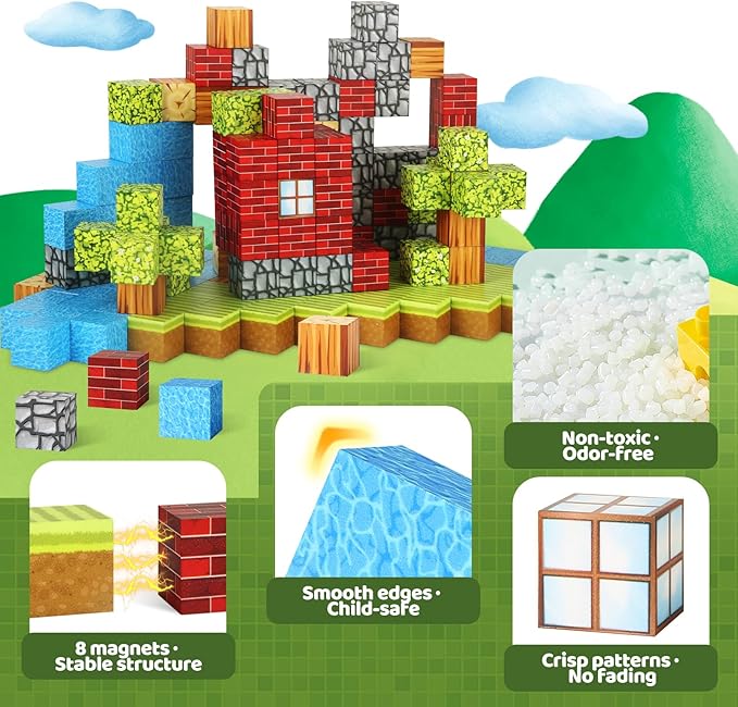 Cameparck Magnetic Blocks Building Toys, Magnetic Tiles STEM Montessori Sensory Toys for Kids Age 3+, Cubes Construction Toys Christmas Birthday Gifts for Boys & Girls - 48pcs(1 in)|Forest World
