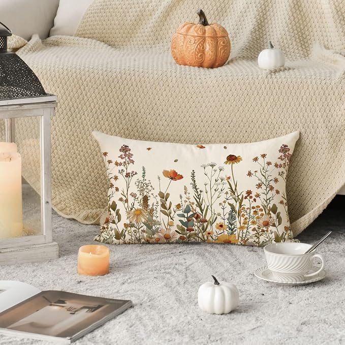 AVOIN colorlife Fall Flowers Throw Pillow Covers 12x20 Inch Set of 2 | Seasonal Autumn Thanksgiving Harvest Decoration for Sofa Couch Farmhouse Living Room Decor