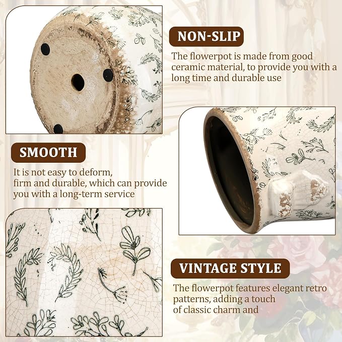 Ceramic Scroll Planter 6.5 Inch Chinoiserie Floral Vase with Drainage Holes Vintage Flower Vase Flower Pot Rustic Ceramic Pots for Indoor Plants Garden Home Bookshelf Decor(Leaves)