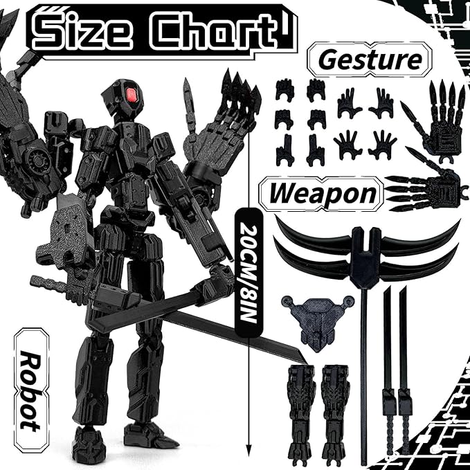 8Inch T13 Action Figure Assembly Completed,3D Printed Multi-Jointed Movable Toy Nova 13 Action Figures Desktop Decorations for Game Lovers Toy (Black)