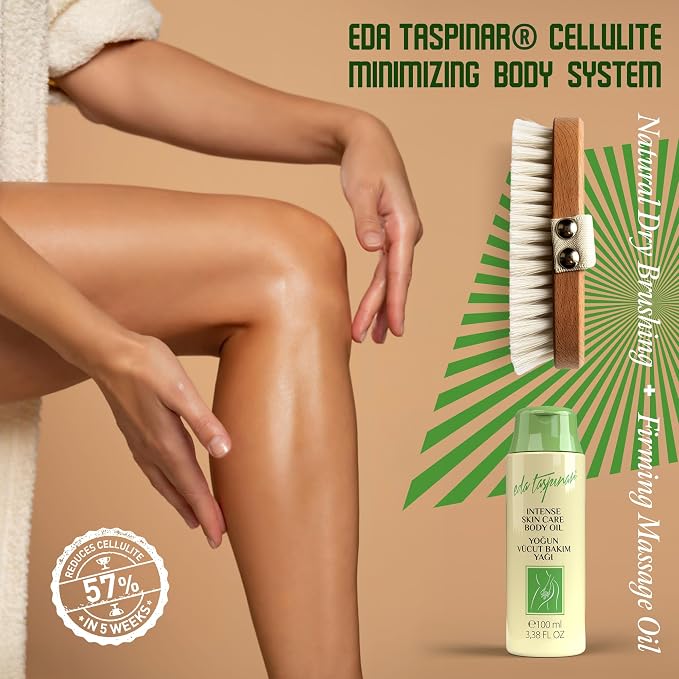 Eda Taşpınar Cellulite Minimizing Body System | Firming Massage Oil + Natural Dry Brushing Body Brush | Skin Smoothing Routine for Thighs, Belly & Butt | Non Greasy Hydrating Oil