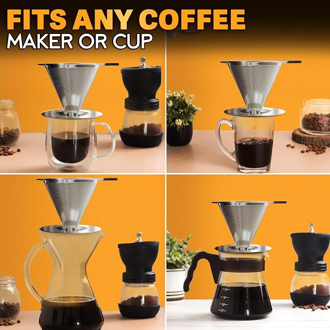Stainless Steel Pour Over Coffee Maker With Cleaning Brush & Non-Slip Silicone Handle - 2 Cups Capacity 600 Mesh Stainless Steel Pour Over Coffee Dripper With Secure Wide Base, Clean Flavor Paperless