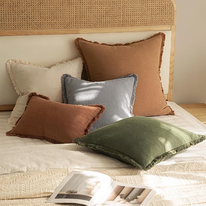 MIULEE Boho Linen Fringe Decorative Throw Pillow Covers Light Grey 18x18 | Set of 2, Cottagecore Decor, Boho Farmhouse Neutral Pillow Covers, Rustic Couch Cushion Cases for Sofa Bed Living Room