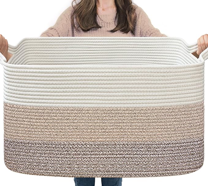 Goodpick Large Woven Rope Blanket Basket, Rectangle, Light Brown | 21.6'' x 14.9'' x 11.8'' Storage Basket for Toys, Blankets & Clothes, Living Room & Nursery Organization, Reinforced Handles