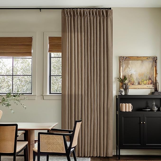 105 Inch Linen Curtains 2 Panels Set Pinch Pleated for Living Room Bedroom Memory Training Shaped Semi Sheer Dutch Cocoa Pinch Pleat Drapes Hooks Rings Light Filtering Window Curtain Drapes