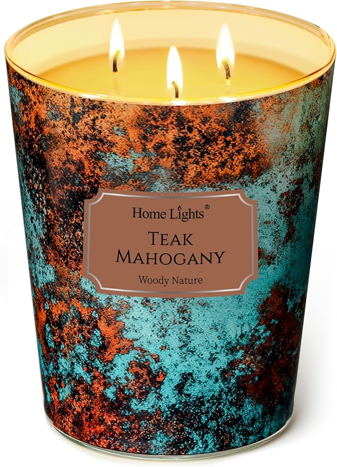 HomeLights Large jar Candle | 4-Wick Long-Lasting Scented Candles, 18oz Natural Soy Wax Candle for Home Scented, Industrial Chic Gifts for Women & Men, Teak Mahogany