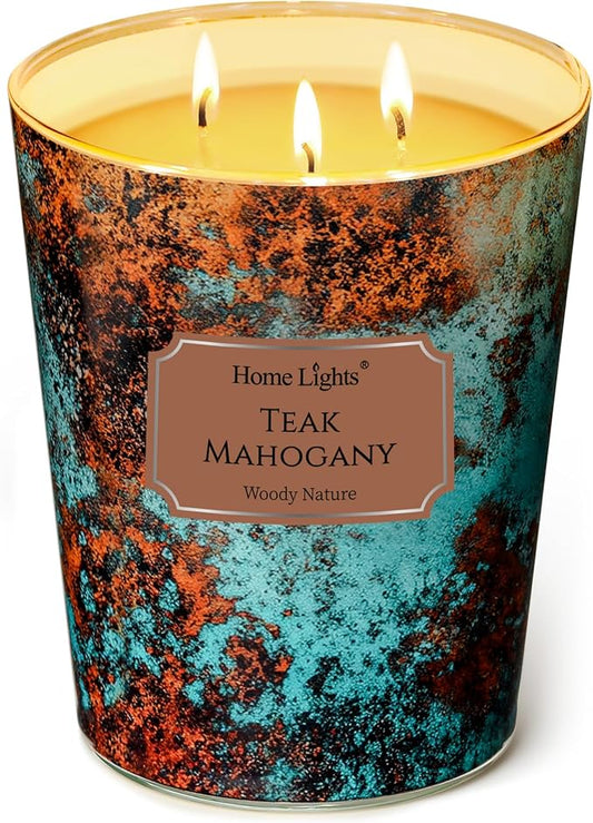 HomeLights Large jar Candle | 4-Wick Long-Lasting Scented Candles, 18oz Natural Soy Wax Candle for Home Scented, Industrial Chic Gifts for Women & Men, Teak Mahogany