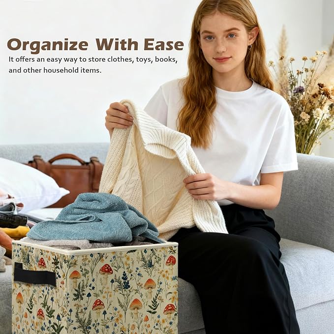Rustic Mushroom Storage Box Bins, Cottagecore Wildflower Botanical Mushroom Collapsible Storage Basket Organizer for Bedroom Laundry Room Home Clothes Books, Decor for Room