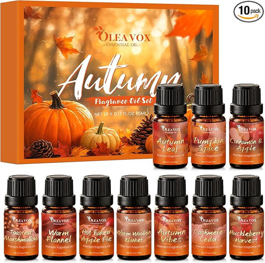 Autumn Fragrance Oil Gift Set，Fall Essential Oils for Diffuser, Scents for Candle Soap Making, Cinnamon & Apple,Pumpkin Spice, Huckleberry Harvest, Cashmere Cedar, Leaf More 10x5ml Aromatherapy Oils