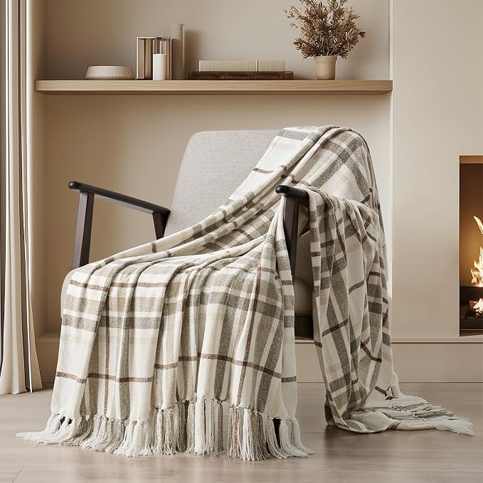 Plaid Chenille Knit Throw Blanket for Couch, 60"x80", Beige | Super Soft Knitted Throw with Tassels, Cozy, Decorative Farmhouse Plaid, Lightweight, Ideal for Bed Sofa Gift Home Decor