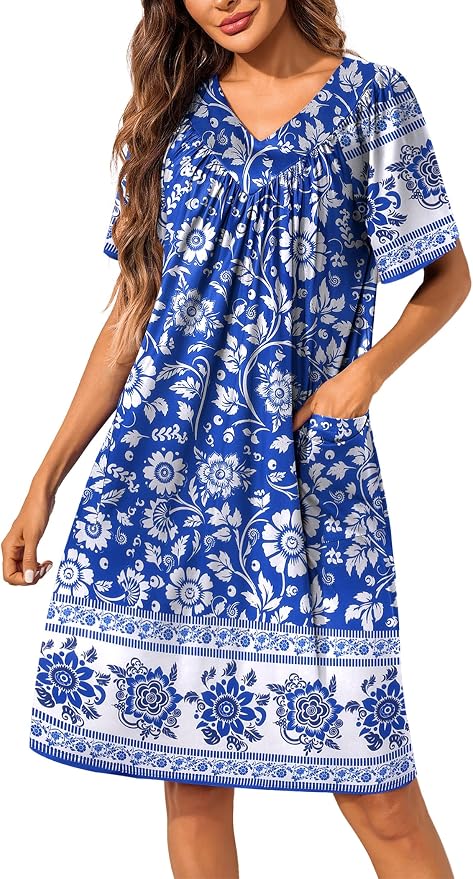Ekouaer Womens House Dress Floral Print Nightgown with Pockets Mumu Dress