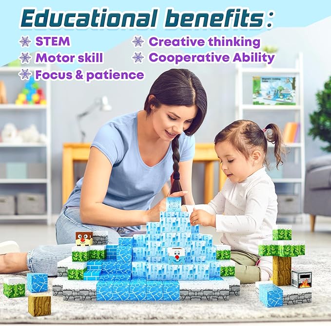 Magnetic Blocks-Build Mine Magnet World Ice Edtion,Toys for Girls Age 3 4 5 6 7 8 Princess Castle STEM Sensory Kids Games Toys for Toddler Christmas Birthday Gifts for 3+ Years Old Girls & Boys