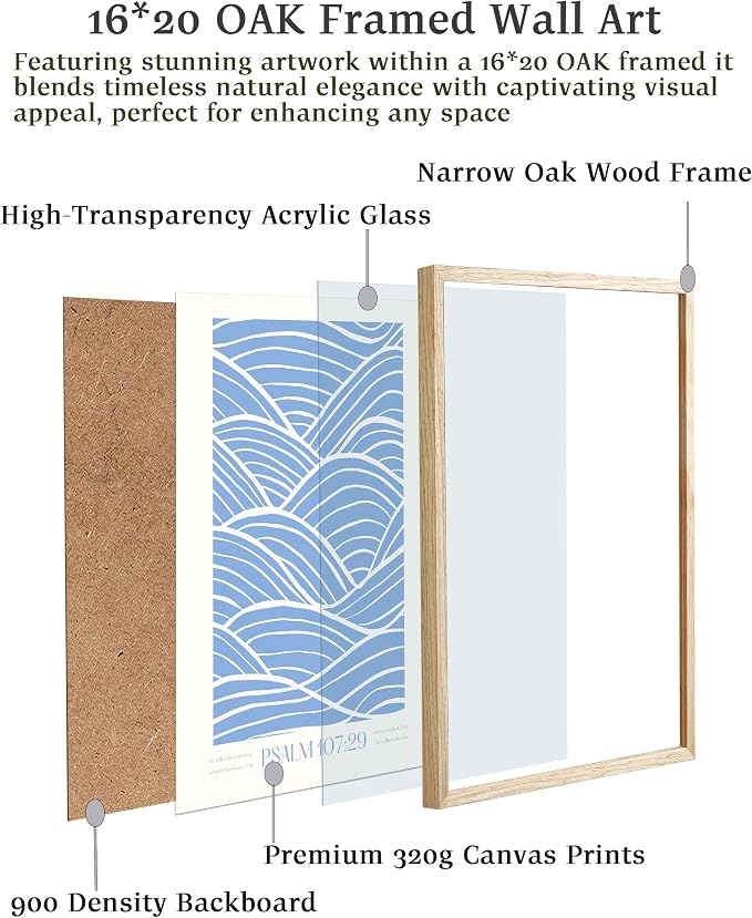 EcoHest 16x20 in Psalm 107:29 Ocean Waves Framed Christian Wall Art | Solid Oak Wood Frame with Canvas Wall Art, Scripture Bible Verse Decor for Bedroom, Living Room, Office, Church, 1Pack