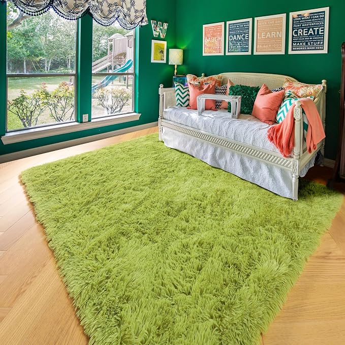Amdrebio Grass Green Big Shaggy Kids Area Rug 6x9 for Living Room Bedroom | Fluffy Furry Fuzzy Moss Indoor Carpet, Classroom Playroom Nursery Dorm Toddler Sensory Room Decor, Nature Forest Aesthetic