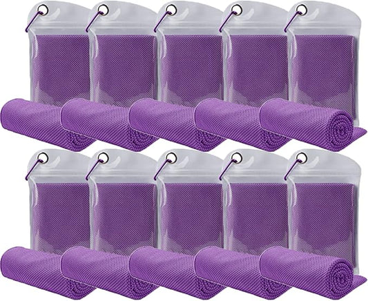 10 Pack Cooling Towels Bulk Microfiber Ice Towel Quick Dry Breathable Chilly Sweat Towel Stay Cool Towel for Neck Face Yoga Gym Workout Running Pilates Beach with Carabin Bag, 40x12'', Purple