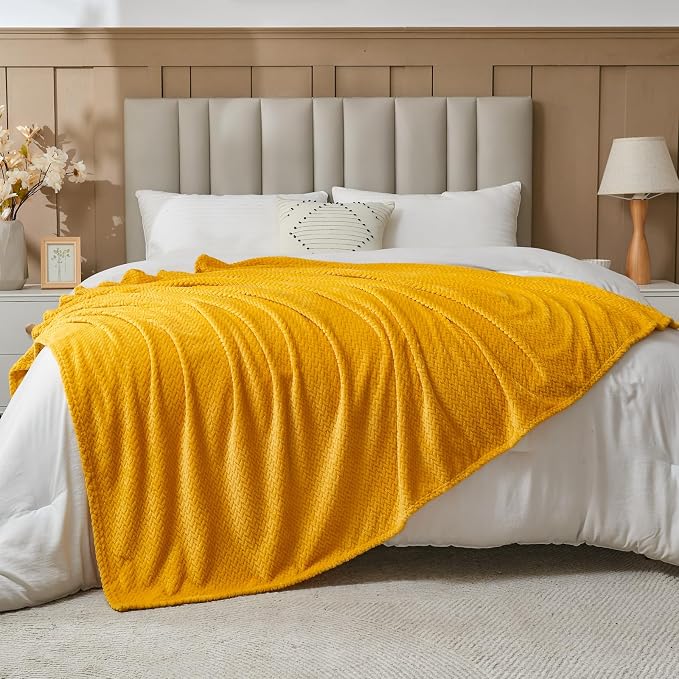 NEWCOSPLAY Fleece Leaves Pattern Twin Blanket, Mustard Yellow, 60"x80" | Super Soft Throw Blanket, Lightweight Cozy Bed Sofa Blanket, Premium Silky Flannel Fleece, Travel Blanket for All Season Use