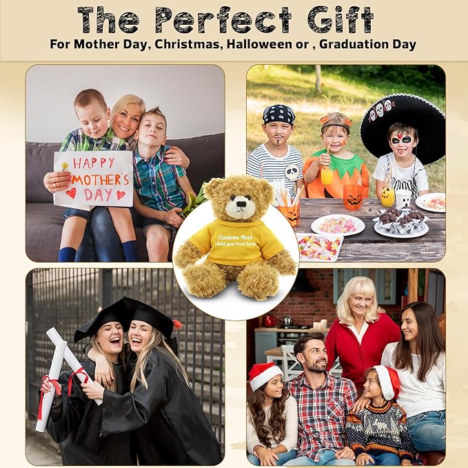 Customized Beige Brandon Bear - 12 inch Personalized Stuffed Bear Plush Toy - Perfect Custom Shirt Bear Gift for Graduation Valentines Graduation Easter Holidays (Yellow Shirt)