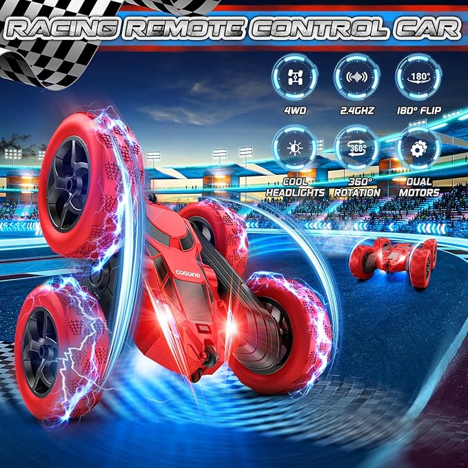 cosone Remote Control Car for Boys - Car Toy for Kids Age 6 7 8 9, 4WD 2.4Ghz Double Sided 360° Rotating RC Cars with Headlights, Christmas Birthday for Boys and Girls - Red