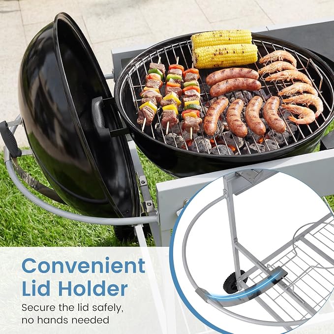 HAPPYGRILL Outdoor Grill Table w/Storage for 18”& 22” Weber Original Kettle | Movable BBQ Grill Cart with Wire Rack, Seasoning Rack & Garbage Can, Prep Kitchen Island for Backyard Camping Picnic