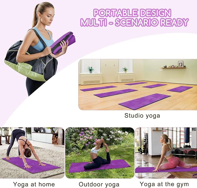 Hot Yoga Mat Towel Set – Non-Slip 600GSM Thickened Microfiber Yoga Mat Cover (70"x25.5") + Hand Towel – Super Absorbent, Skidless Sweat Towel for Hot Pilates, Bikram & Fitness, Dark Purple