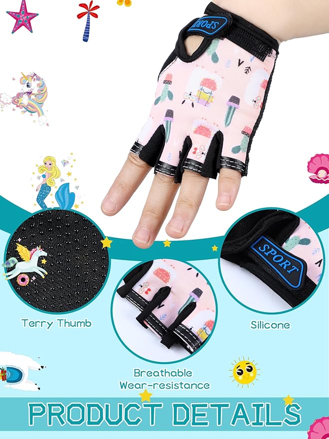 Boao 3 Pairs Kids Half Finger Bike Gloves Non-Slip Breathable Adjustable Birthday Gift for Boys Girls for Bike Workout