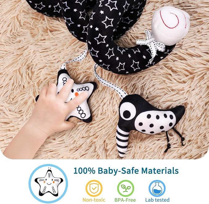 LiKee Spiral Car Seat Toys for Babies 0-6 Months, Black High Contrast Plush Hanging Baby Stroller Toys, Crib & Carseat Sensory Activity for Newborn, Ages 0+ Years 6-12 Month Infants Boy Girl Gifts