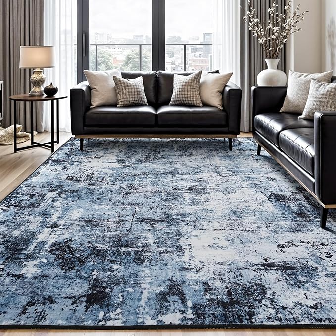 Rugflix 10x14 Area Rugs for Living Room, Washable Navy Blue Dark Large Rug | Machine Washable; Stain-Resistant; Low Pile; Non-Slip; Modern Abstract; Black Carpet for Bedroom Dining Office Nursery Home